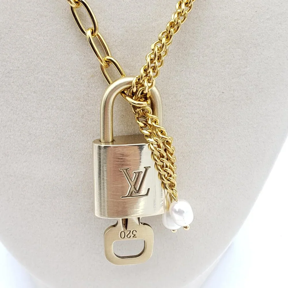 Double Chain Necklace with Authentic Louis Vuitton Padlock Pendant & Fresh Pearl